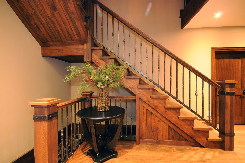 staircase, stairs, wooden stairs, wrought iron spindles